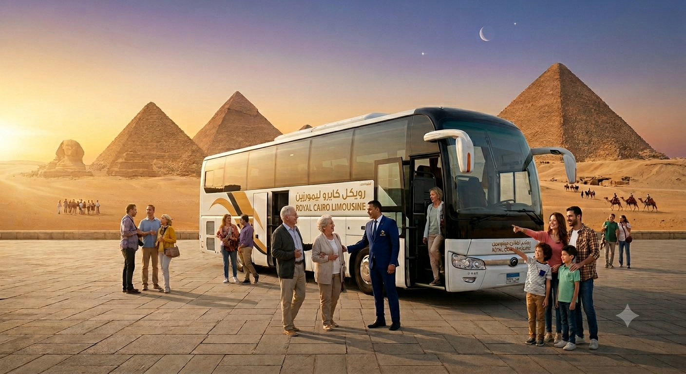 أتوبيس رحلات سياحي فخم من رويال كايرو ليموزين أمام الأهرامات في مصر.