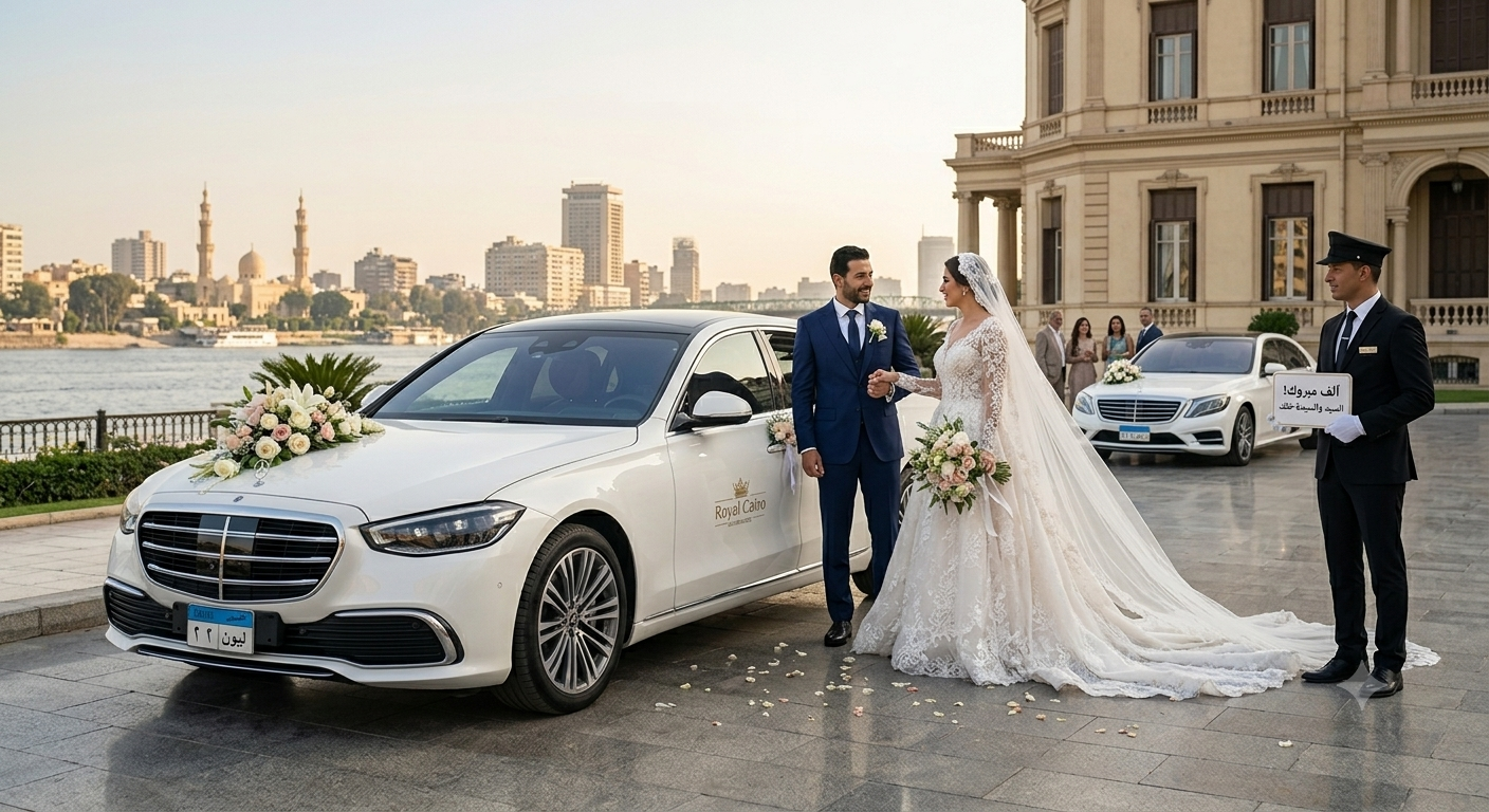 عروسان بجانب سيارة مرسيدس بيضاء فاخرة مزينة بالزهور لخدمة إيجار سيارات زفاف من رويال كايرو ليموزين في مصر.