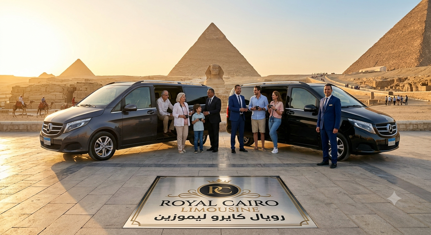 خدمات إيجار نقل سياحي فاخرة مع رويال كايرو ليموزين أمام أهرامات الجيزة.