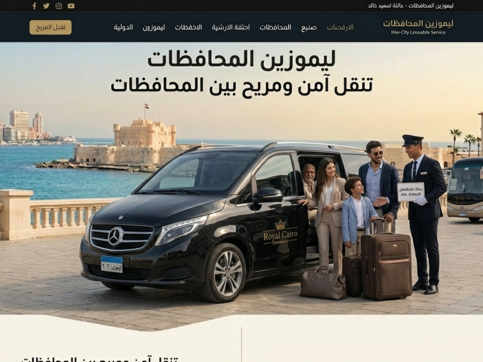 سائق ليموزين يستقبل عائلة أمام سيارة مرسيدس حديثة لخدمة التنقل بين المحافظات - رويال كايرو ليموزين.