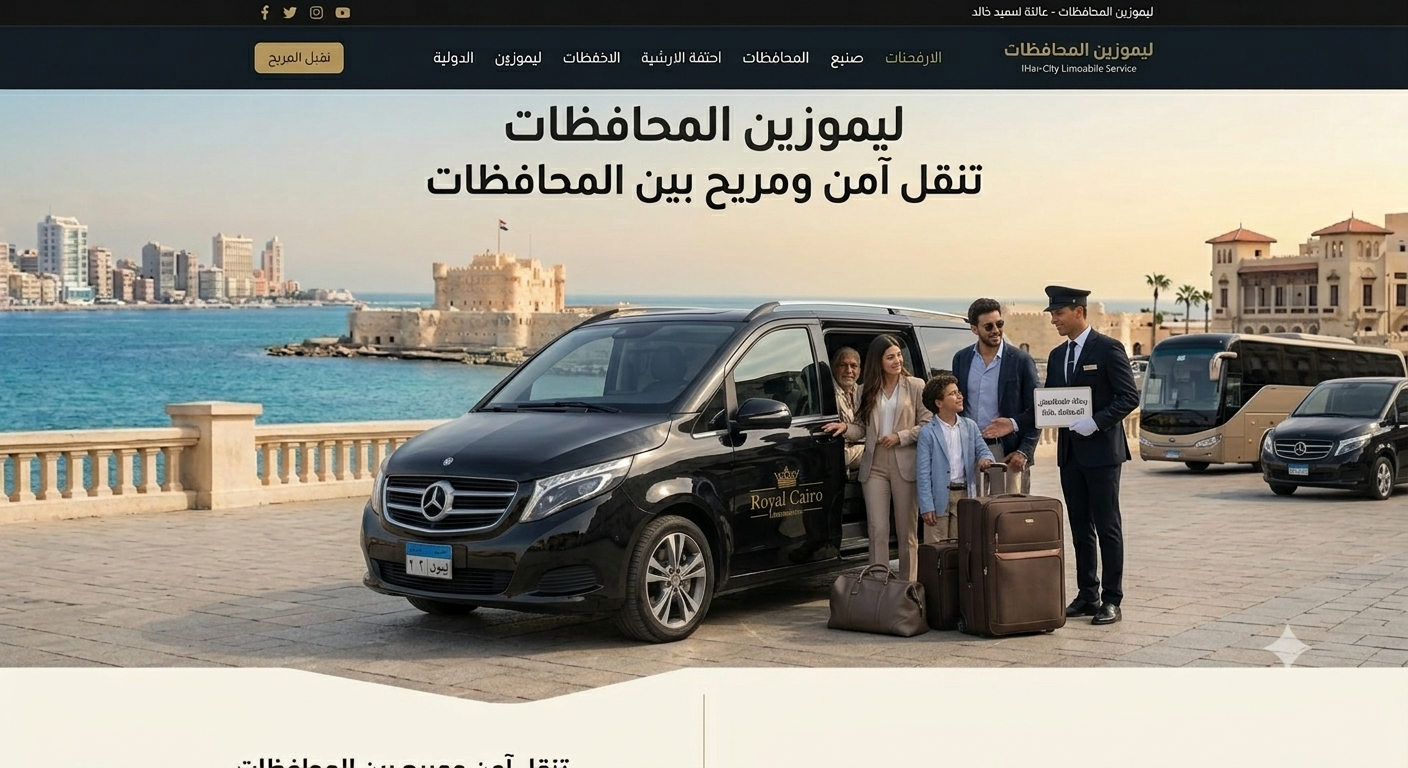 سائق ليموزين يستقبل عائلة أمام سيارة مرسيدس حديثة لخدمة التنقل بين المحافظات - رويال كايرو ليموزين.